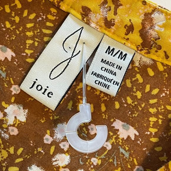 Joie Ruffled Button Blouse Women's Medium Mustard Floral Mixed Print Peasant Top - Picture 4 of 8